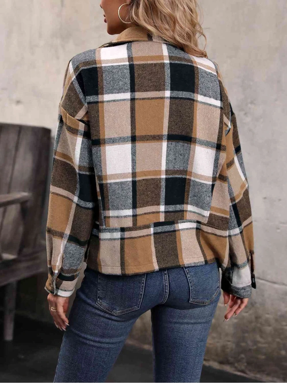 drape waterfalls Plaid Open-Front Jacket in Beige & Black - Women